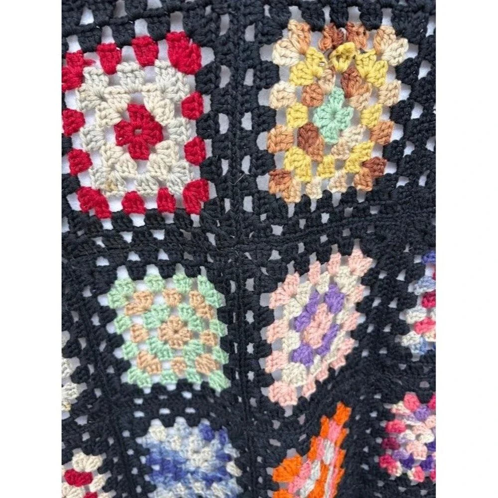 Hand Crochet Coverlet Twin Size 67 x 20 Black‎ and Multicolor Vintage 60's